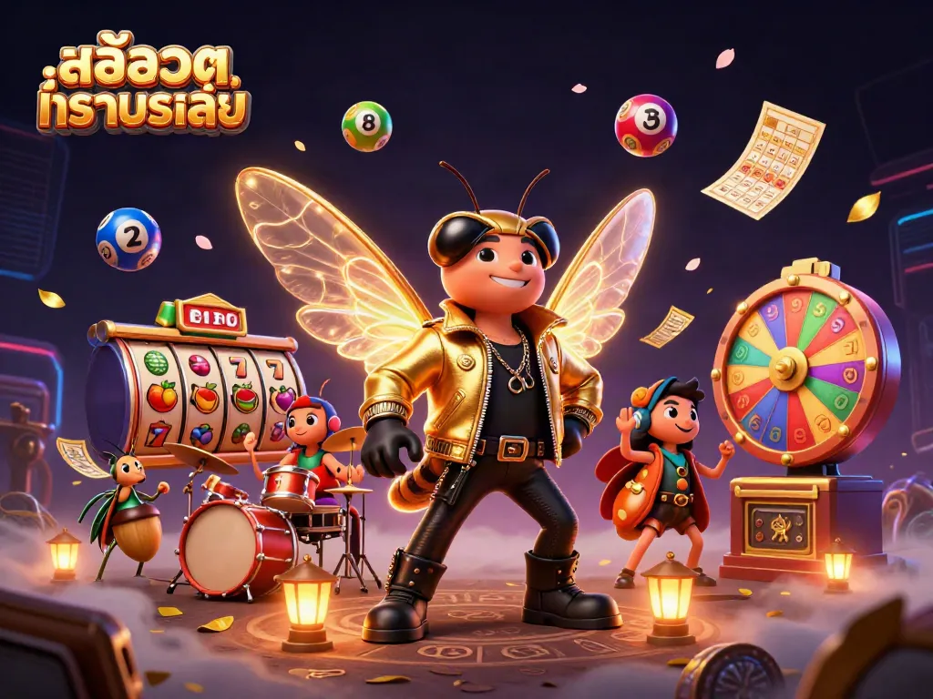 ภาพสล็อตทดลองเล่นที่มีจิ้งหรีดร็อคสตาร์และเบสตอบสนองอยู่ท่ามกลางเงินฝนตก