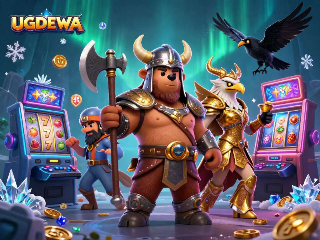 UGDEWA showcases a Viking bear and Valkyrie eagle in a vibrant casino slot scene, emphasizing gaming excitement.