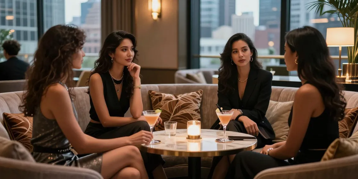 Gurgoan escorts enjoying a luxurious evening in an upscale urban lounge, dressed elegantly.