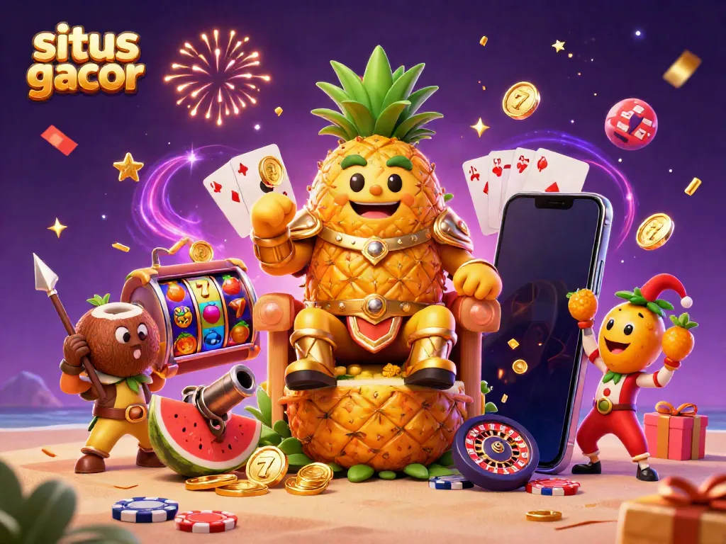 Situs slot gacor scene with a golden pineapple king and casino games in a vibrant tropical setting.