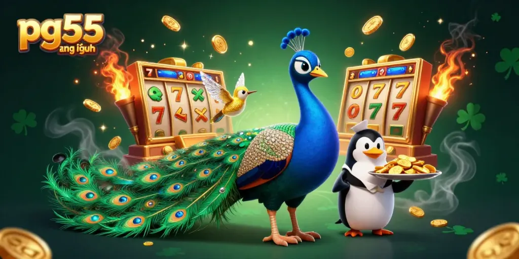 Win big with pg55 đăng nhập by spinning vibrant slot reels, featuring colorful characters and golden symbols.
