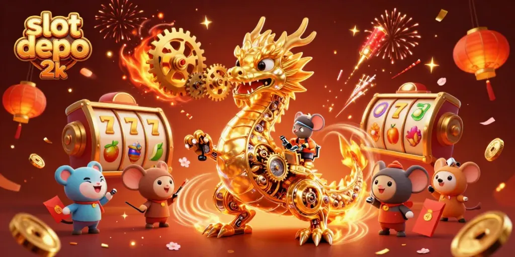 Win big with slot depo 2k, featuring vibrant slot reels and golden dragon in a festive 3D illustration