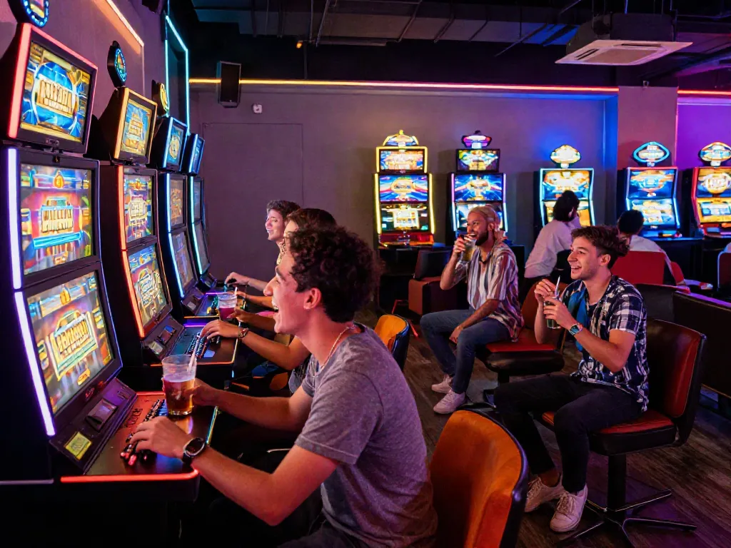 Group of friends enjoying luxury12 slot games in a vibrant gaming lounge.