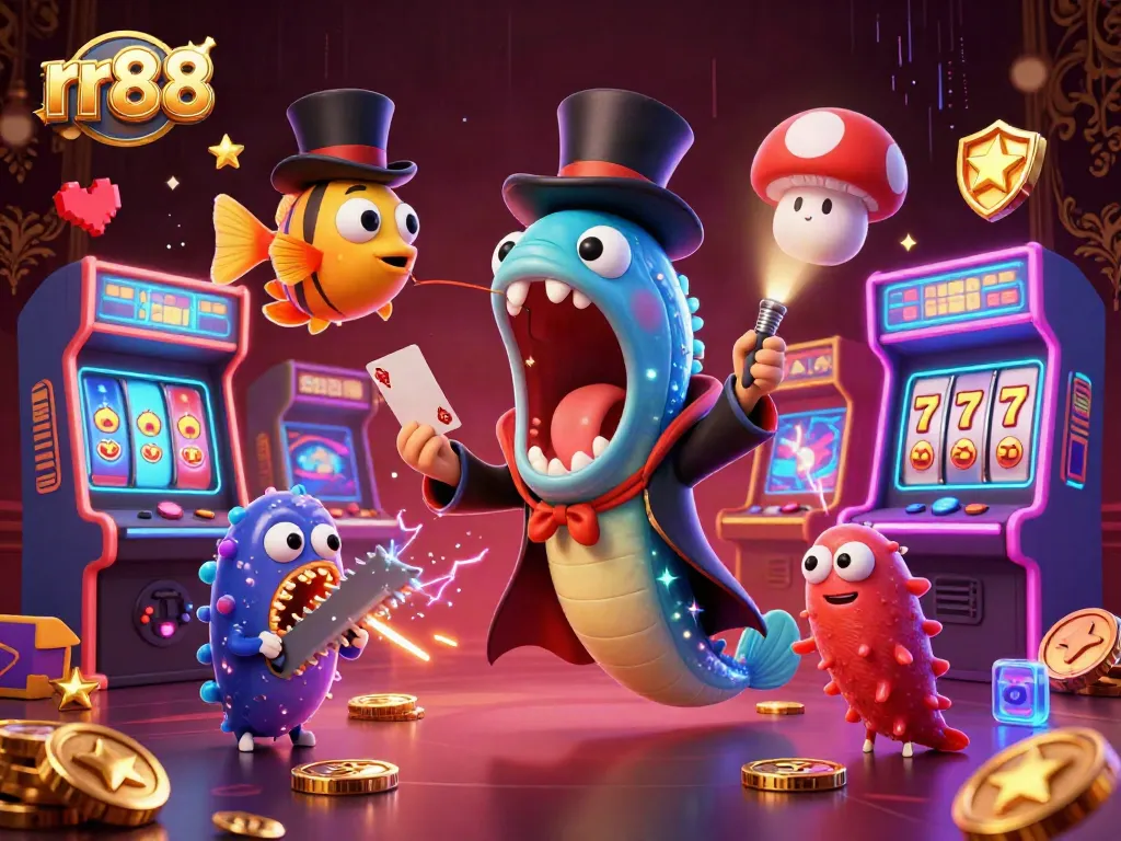 Experience thrilling casino action with rr88 gaming elements and dynamic characters in vibrant illustration.