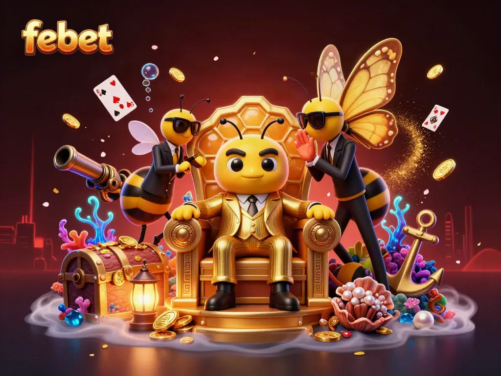 Engage with febet's dynamic casino scene featuring a bumblebee mob boss and vibrant game elements.