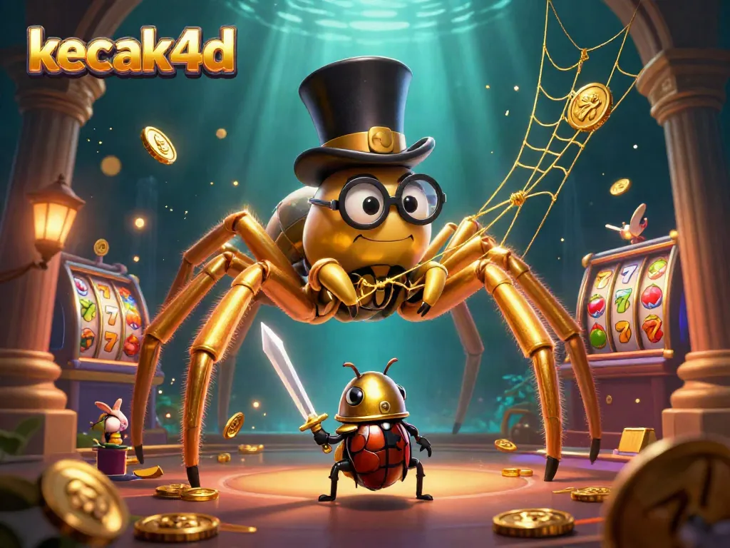 Engage in Kecak4d's thrilling gaming adventure with a vibrant 3D casino illustration featuring a golden tarantula and brave beetle knight.
