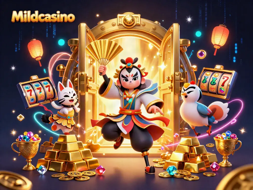 Mildcasino presents an alluring 3D illustration showcasing thrilling casino elements with a kabuki warrior theme.