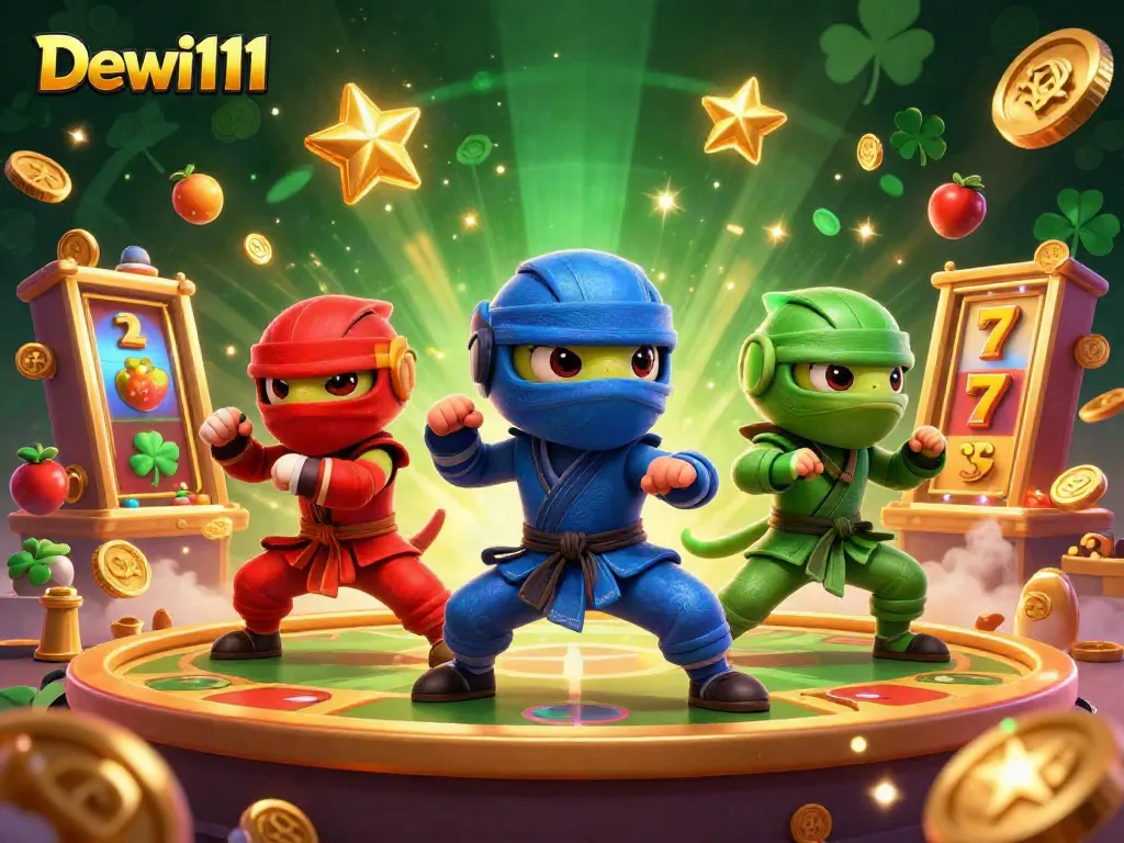 Gambarkan suasana seru permainan slot Dewi111 dengan ninja chameleon di rooftop kasino.