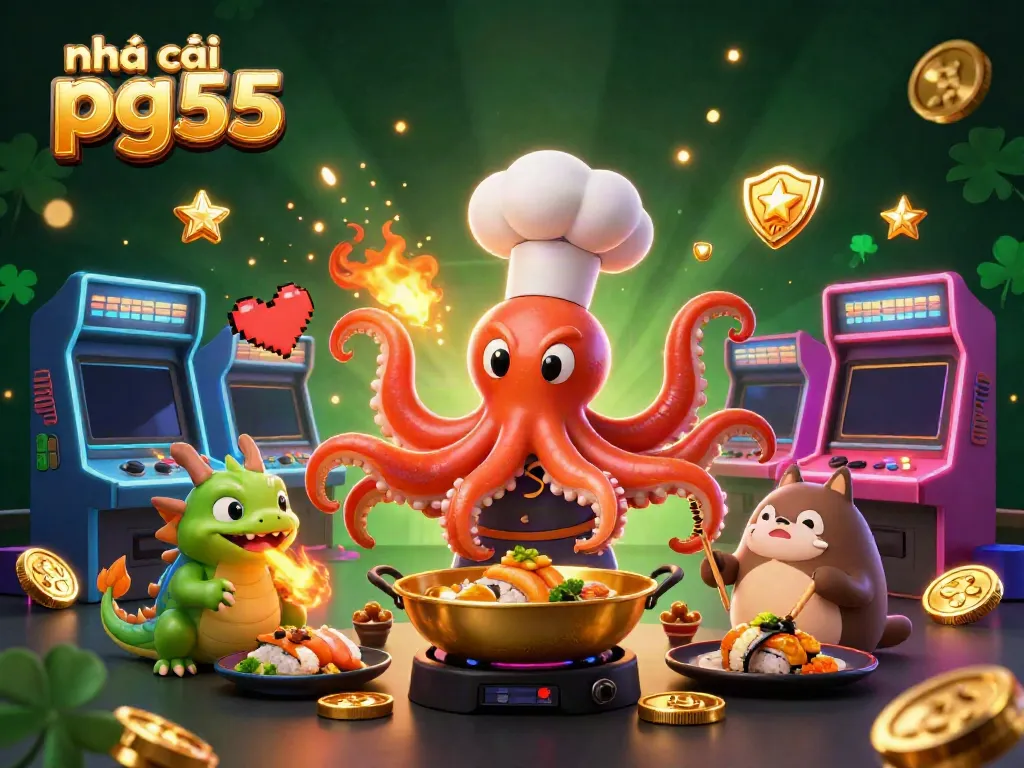 Experience thrilling gaming with nhà cái pg55 illustrated by a captivating 3D scene of a sushi chef octopus and friends amidst vibrant casino elements.