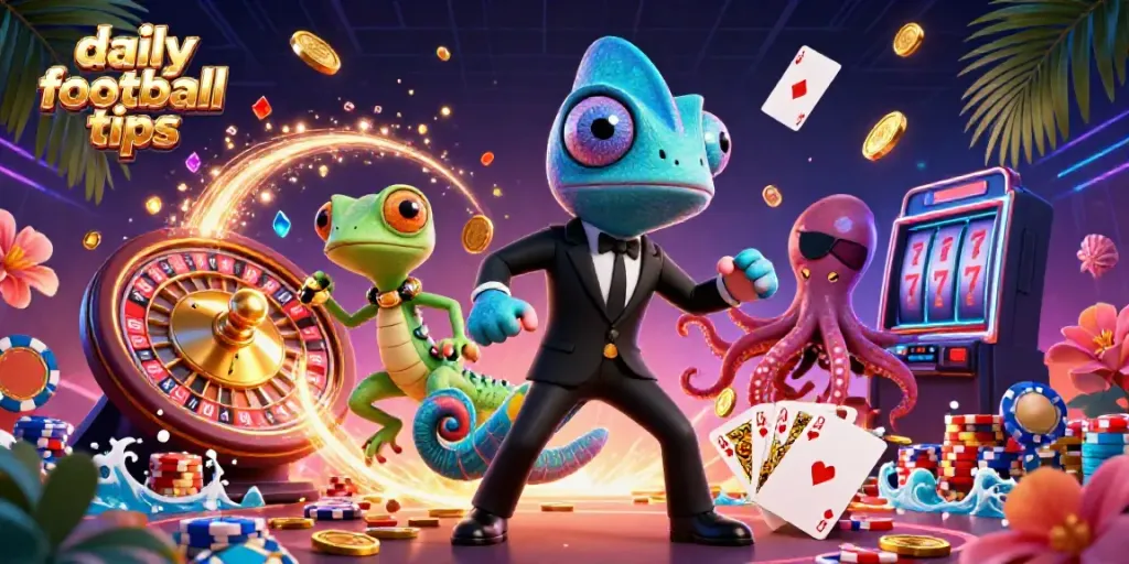 Engaging daily football tips illustration featuring vibrant characters in a dynamic casino scene.