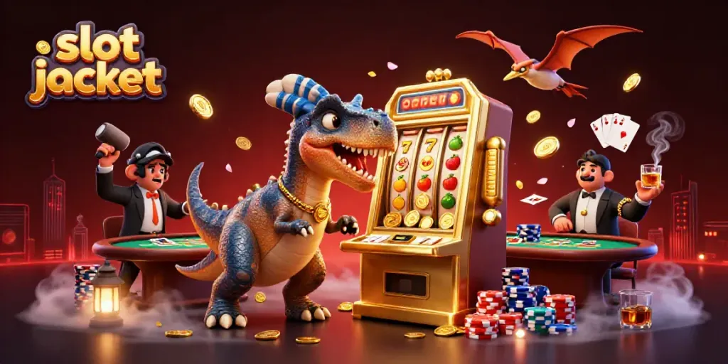 A pachycephalosaurus strikes a golden slot machine for a slot jackpot amid a lively casino atmosphere.