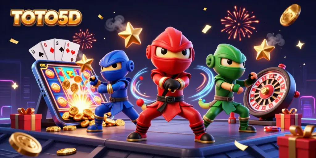 TOTO5D unleashes thrilling excitement with a dynamic scene of ninja chameleons amidst colorful casino elements.