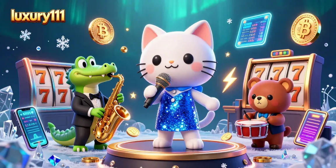 Experience luxury111 with a vibrant casino scene featuring jazz, crypto coins, and animated characters.