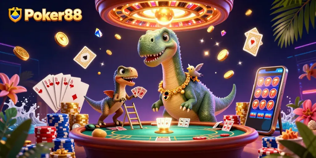 Experience Poker88's vibrant casino atmosphere with dynamic characters and sparkling rewards.