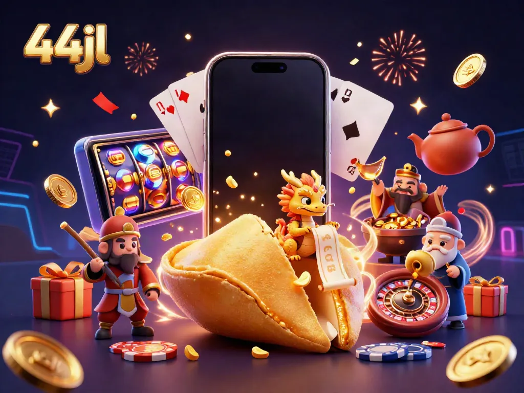Experience 44jl's vibrant casino world with a golden fortune cookie, wise dragon, and gaming elements.