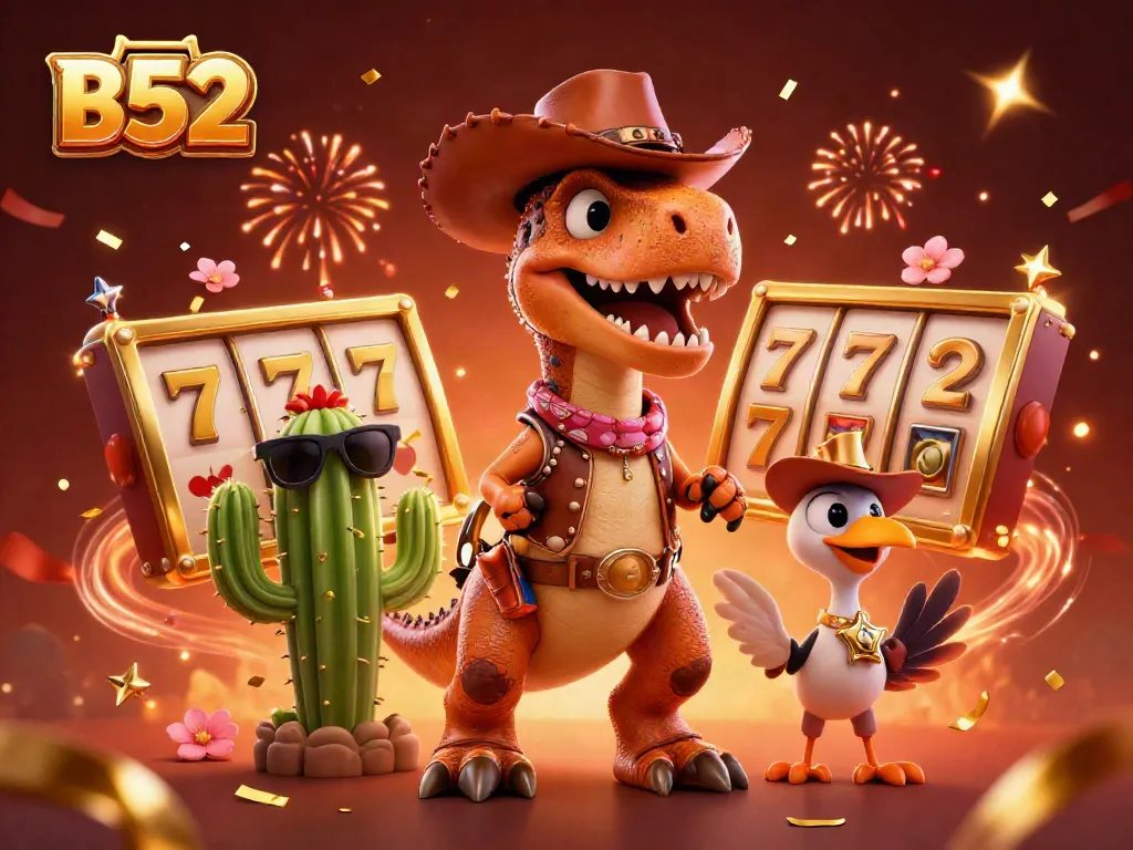 B52 showcases players celebrating a jackpot win with vibrant characters and casino elements.