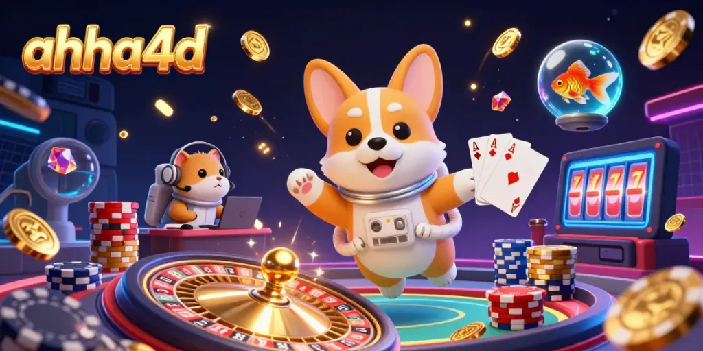 Experience thrilling spins with ahha4d in an engaging animated casino scene featuring floating characters and games.