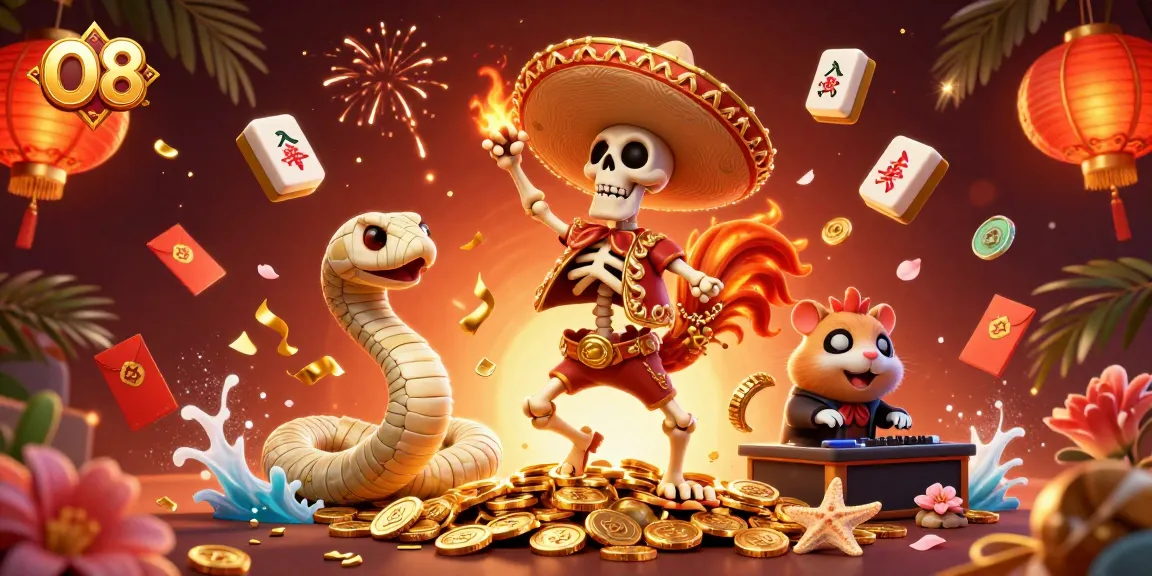 Experience O8 with dynamic casino elements and colorful characters celebrating winnings.