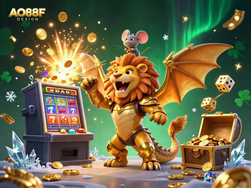 Engage with AO88F DESIGN through a vibrant 3D casino scene featuring a chimera creature, slot machine, and dynamic gold elements.