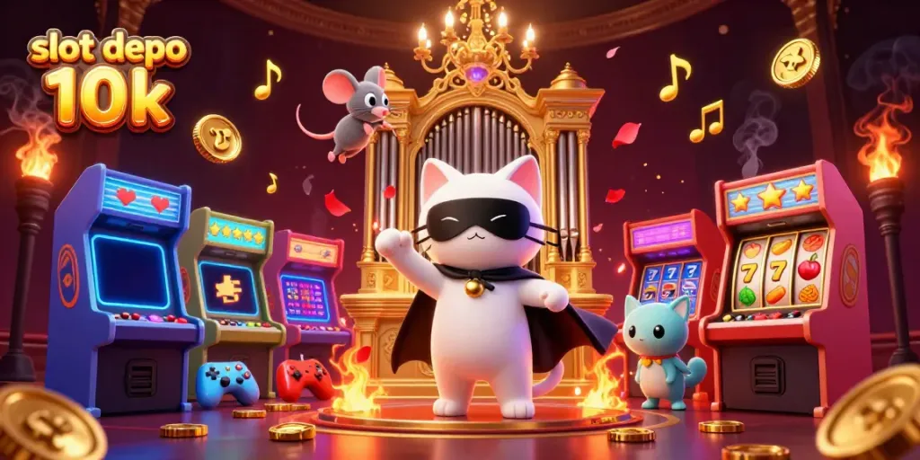 Experience the excitement of slot depo 10k with a vivid 3D casino-themed illustration.
