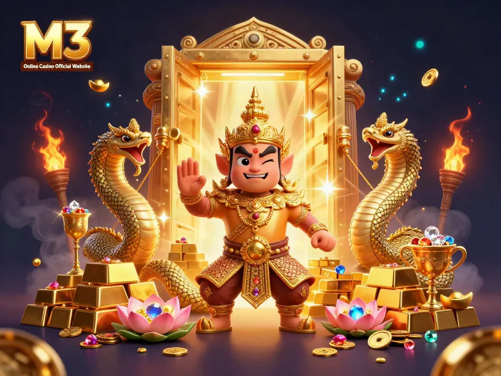 Win big at M3 Online Casino Official Website with a vibrant 3D illustration of rich gaming elements and characters.