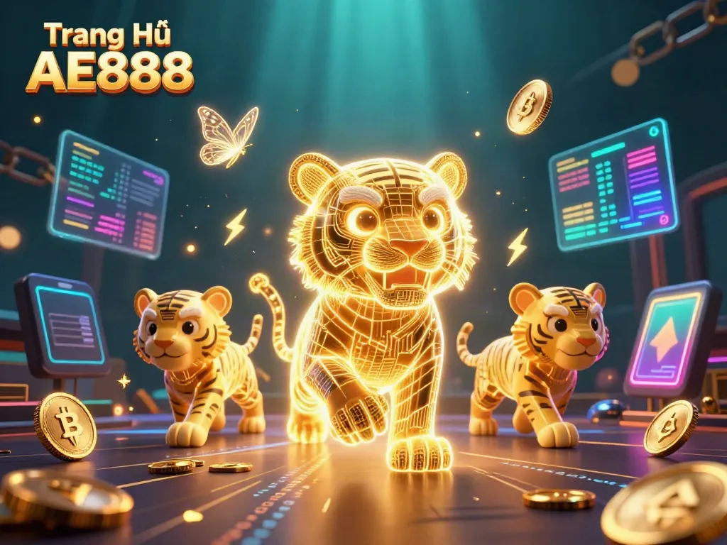 Experience the dynamic world of Trang Chủ AE888 with a neon tiger amidst crypto elements.