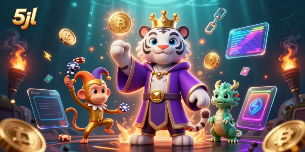 Experience exhilarating gaming with 5jl's vibrant 3D casino scene featuring characters and crypto elements.