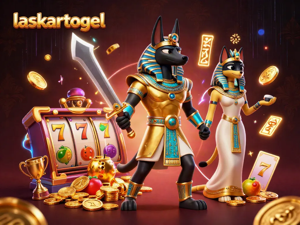 Engage in thrilling gameplay with laskartogel, featuring vivid slot reels, Anubis, and sparkling coins.