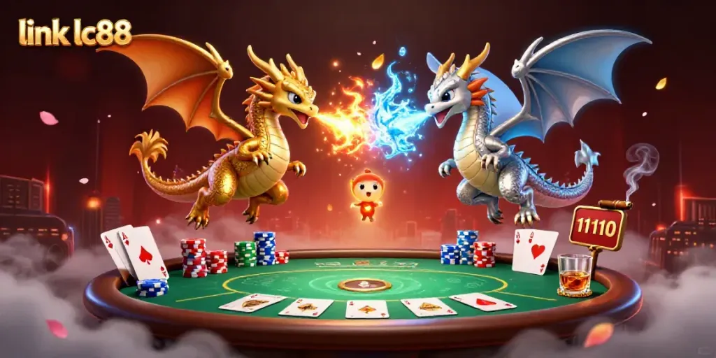 Engage in thrilling gameplay with link lc88, featuring a dynamic scene of intertwined dragons and poker elements.