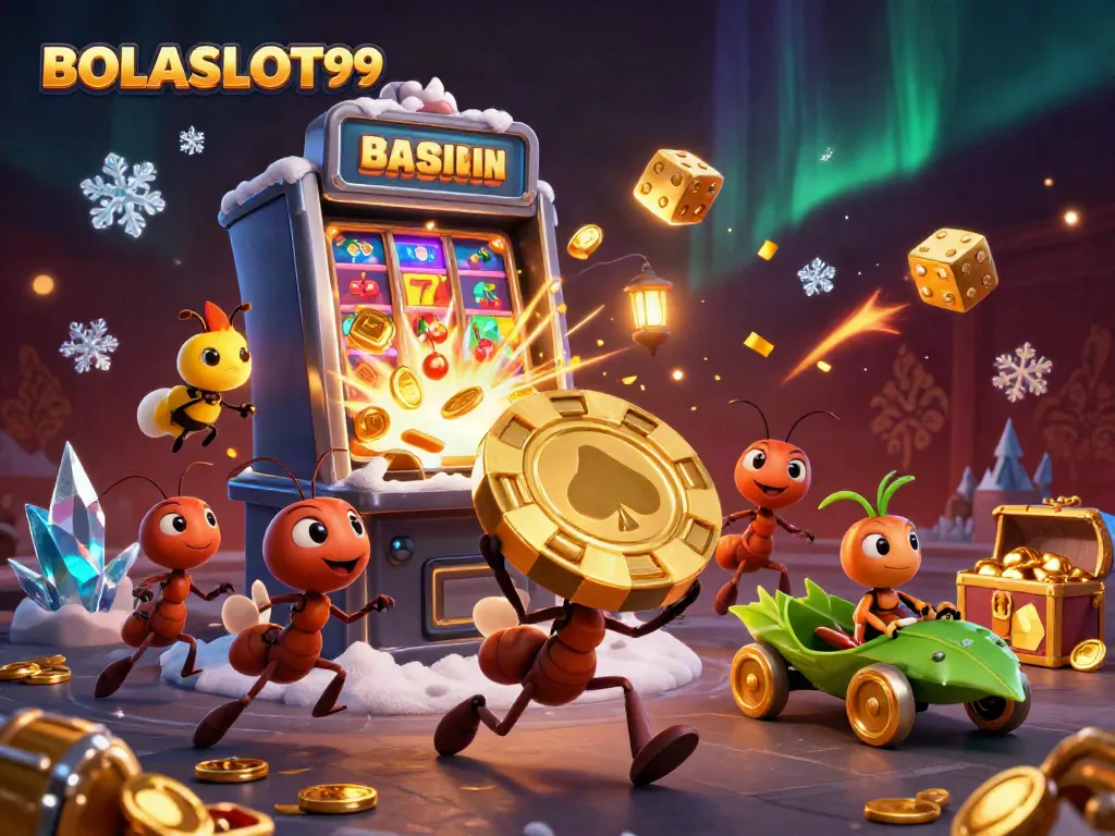 Engaging BOLASLOT99 illustration depicting cartoon ants on a heist with a golden poker chip amidst casino elements.
