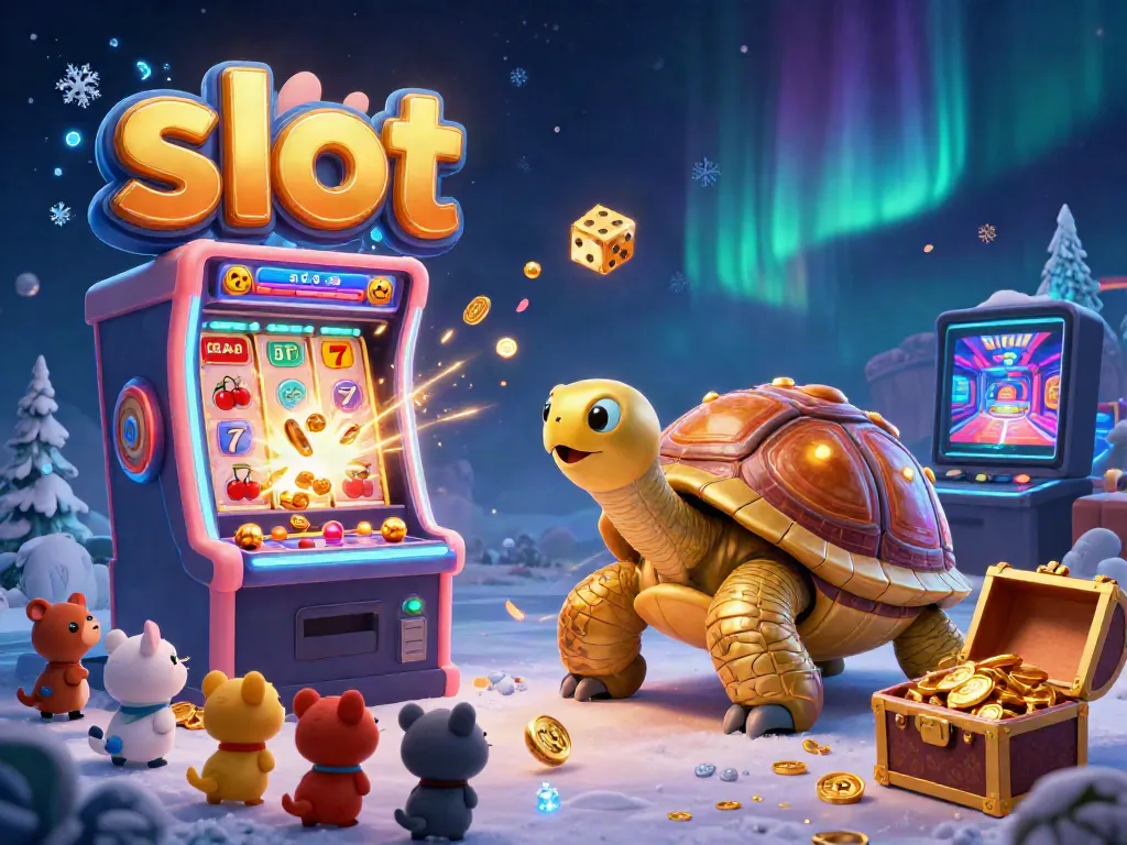 Experience thrilling slot gaming with a vibrant 3D scene featuring a colossal tortoise pinball machine and explosive jackpots.