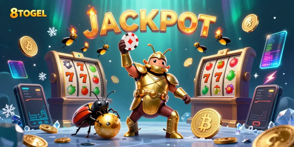 Menangkan jackpot di 8TOGEL dengan ilustrasi menarik dari beetle jantan mengangkat chip poker.
