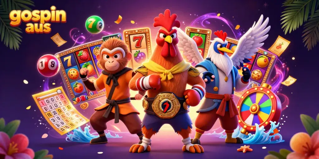 Experience goospin aus with a vibrant 3D illustration of playful characters amidst slots and lively casino elements.