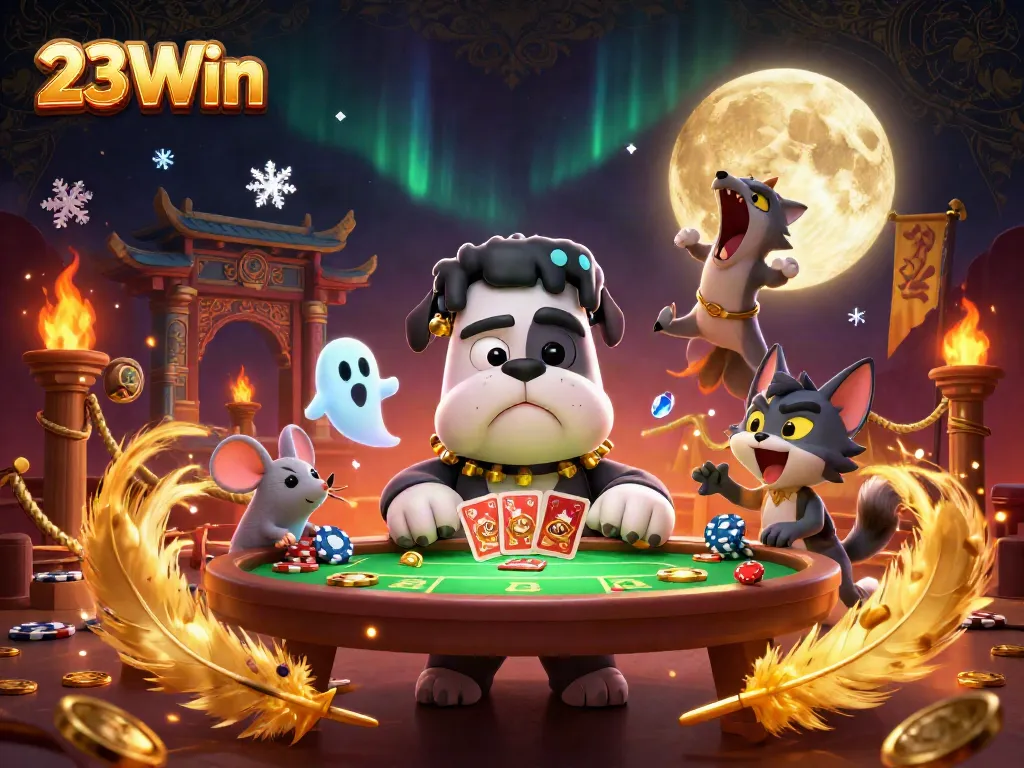 Experience thrilling action in 23Win as a Frankenstein bulldog deals cards in a spooky casino setting.