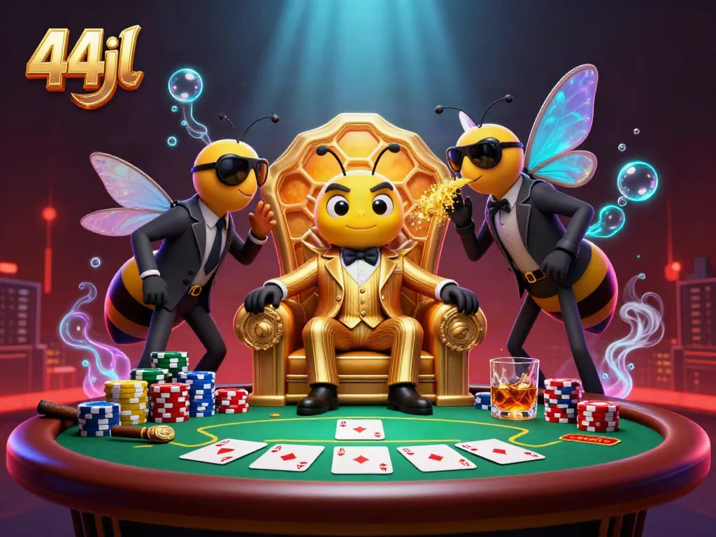 Engaging 44jl casino scene with a bumblebee mob boss, poker elements, and a vibrant aesthetic.
