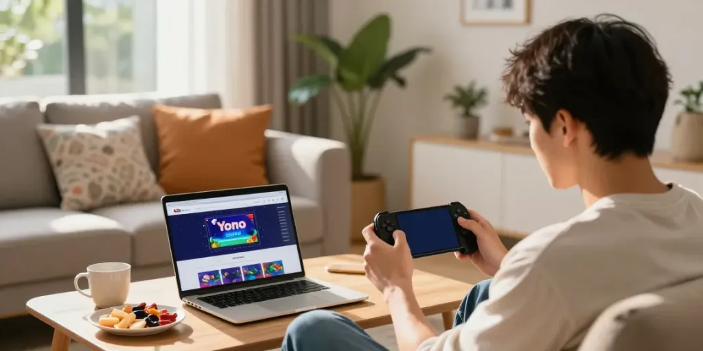 Engaging young adult playing Yono Arcade in a cozy living room setting.