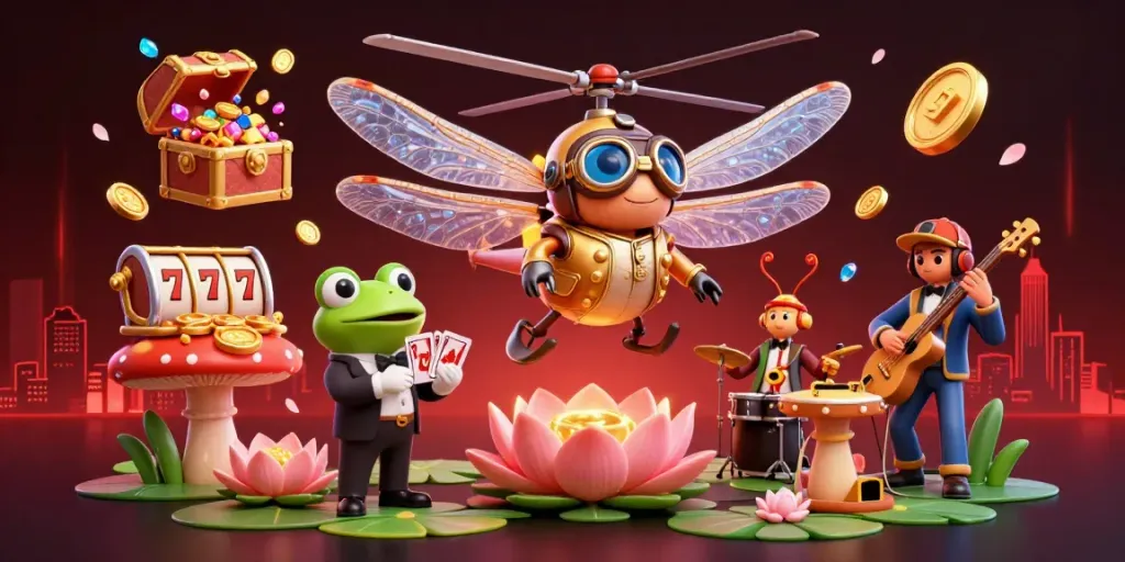Experience LGODEWA's vibrant dragonfly pilot and frog croupier in a lively casino scene.