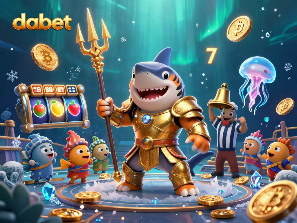 Experience thrilling slots at Dabet with a fierce shark gladiator, cheering fish, and glimmering coins!