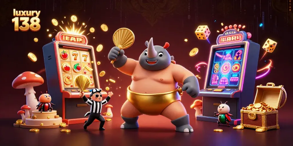 Win big with luxury 138 in this dynamic casino scene filled with vibrant illustrations and game elements.
