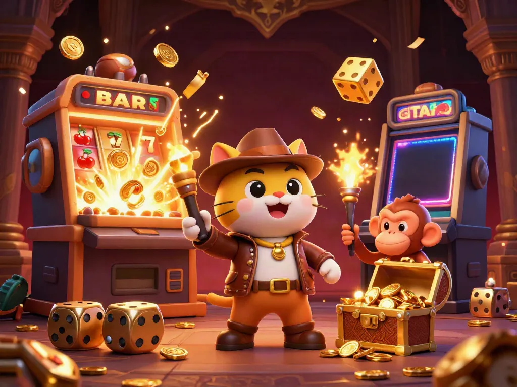 View the exciting dooball action with a cartoon archaeologist cat and slot machines bursting with coins.