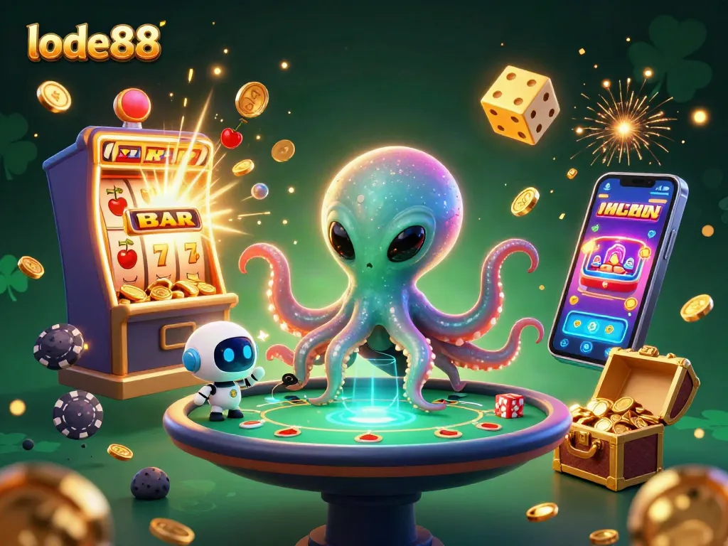 Play exciting games at lode88 with a lively scene of a cartoon octopus and robot amidst a thrilling casino backdrop.