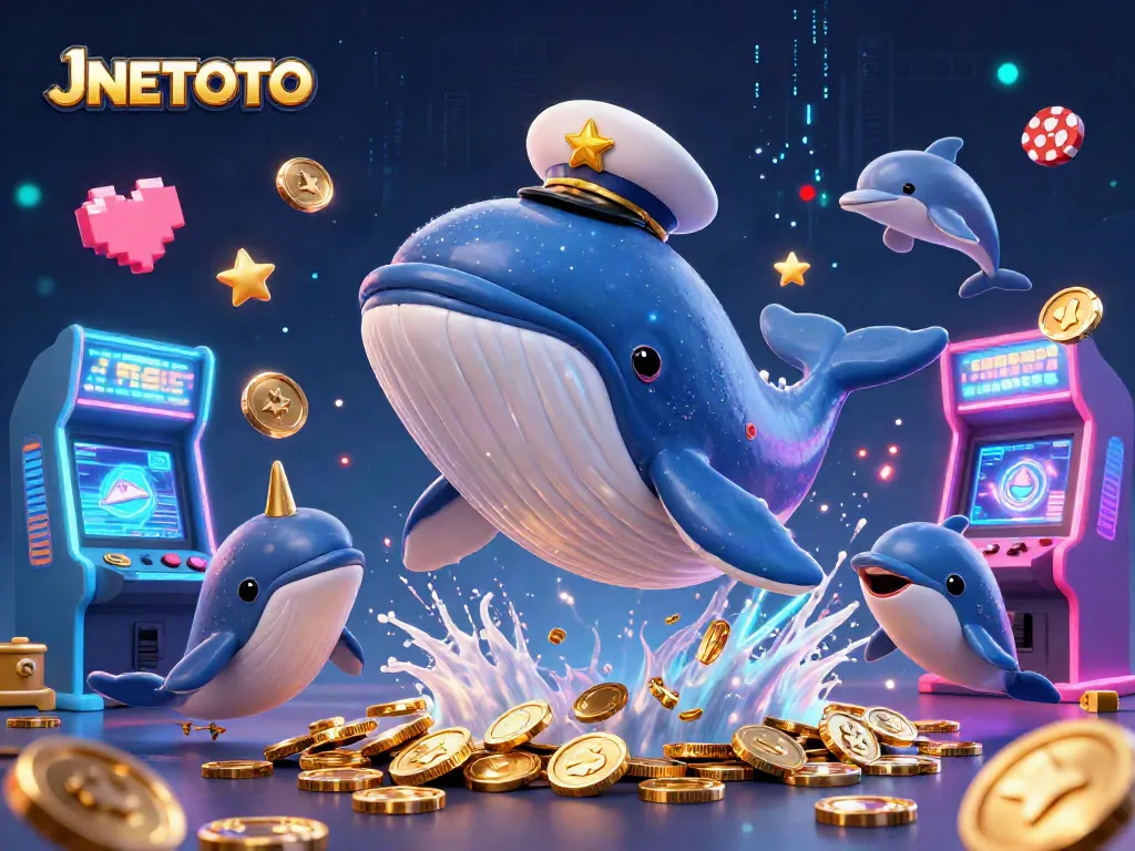 Experience JNETOTO's thrilling gameplay with a vibrant 3D whale and casino elements showcasing winning opportunities.