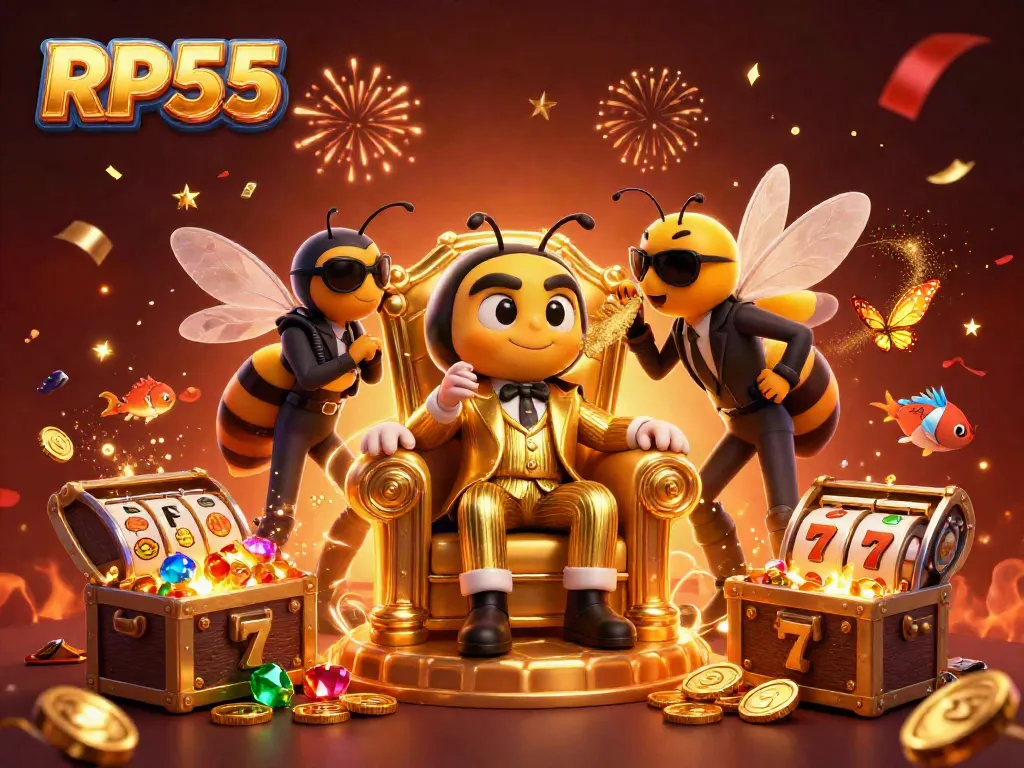 Immerse in the vibrant world of RP55, with a bumblebee mob boss and dazzling slot game elements.