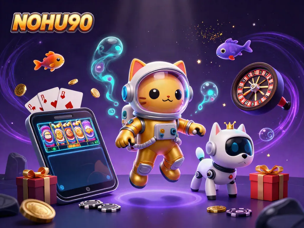 Engage with NOHU90's vibrant 3D casino scene featuring a cat astronaut and a robotic companion amid thrilling gaming elements.