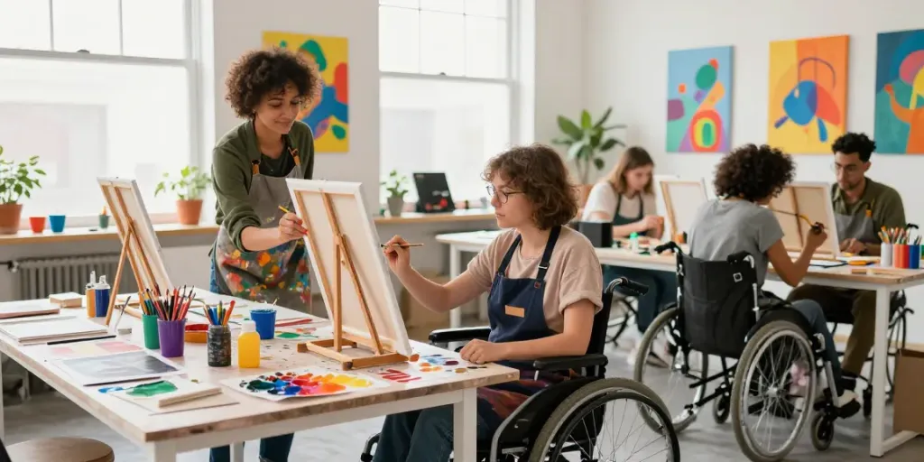 Studi seni dengan aksesibilitas tinggi di https://artstudiocb.com/accessibility/, memperlihatkan seniman dengan kursi roda berkreasi.