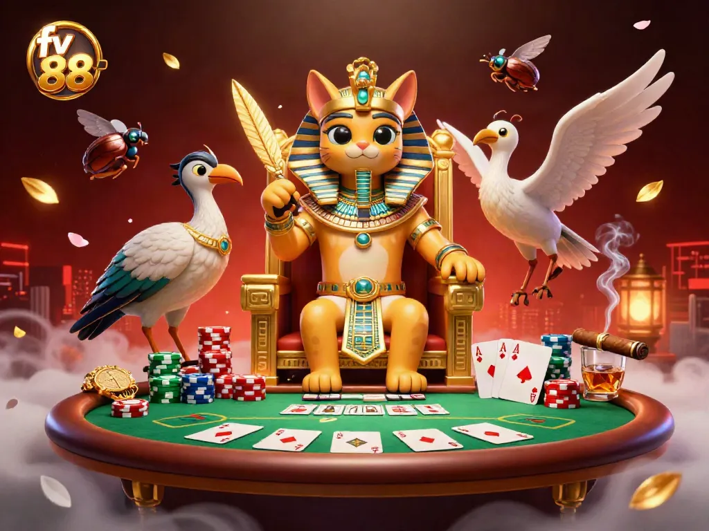 Experience thrilling gaming moments at fv 88, with illustrations of vibrant poker elements and an Egyptian-themed scene.
