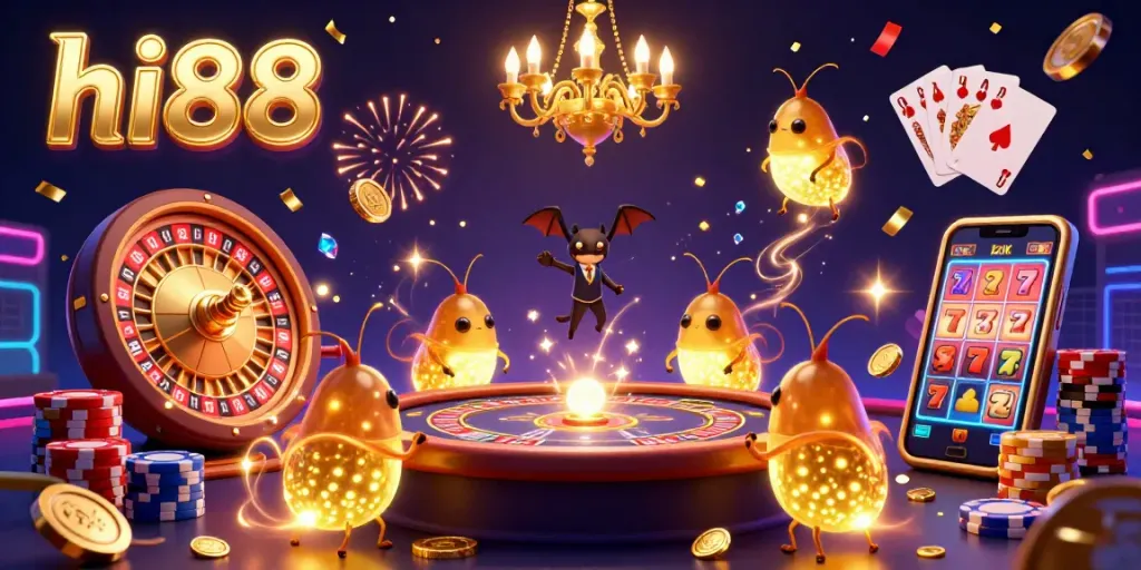 Experience the vibrant atmosphere of hi88’s casino with glowworms and a bat dealer bringing gaming excitement to life.