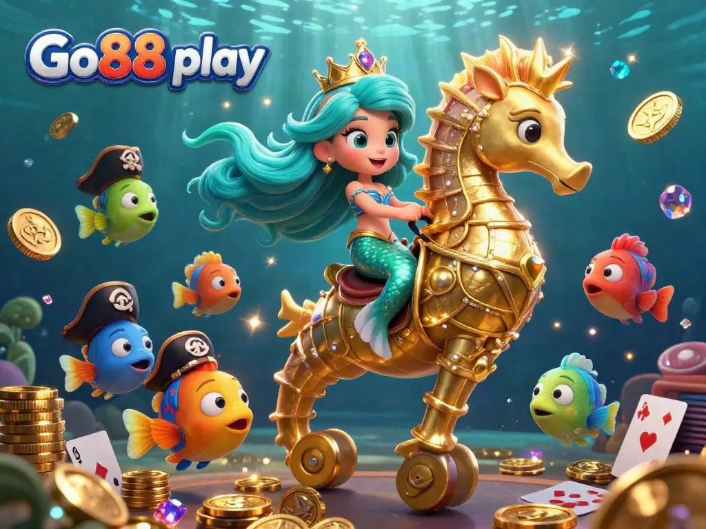 Experience the excitement of Go88 play with mermaid princess and seahorse in a vibrant casino scene.