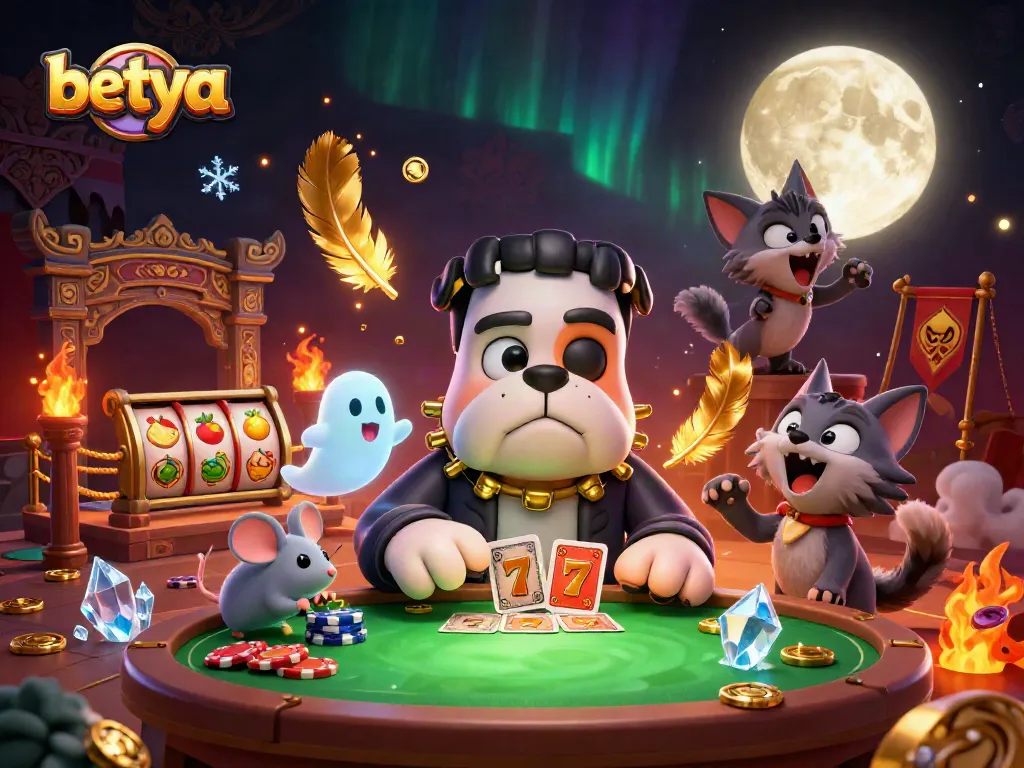 Engage with betya's thrilling casino action featuring a vibrant 3D scene of festive characters and gaming elements.