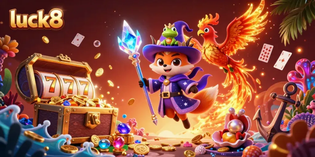 Engage in luck8 gaming with a whimsical wizard fox and phoenix amidst vibrant casino elements.
